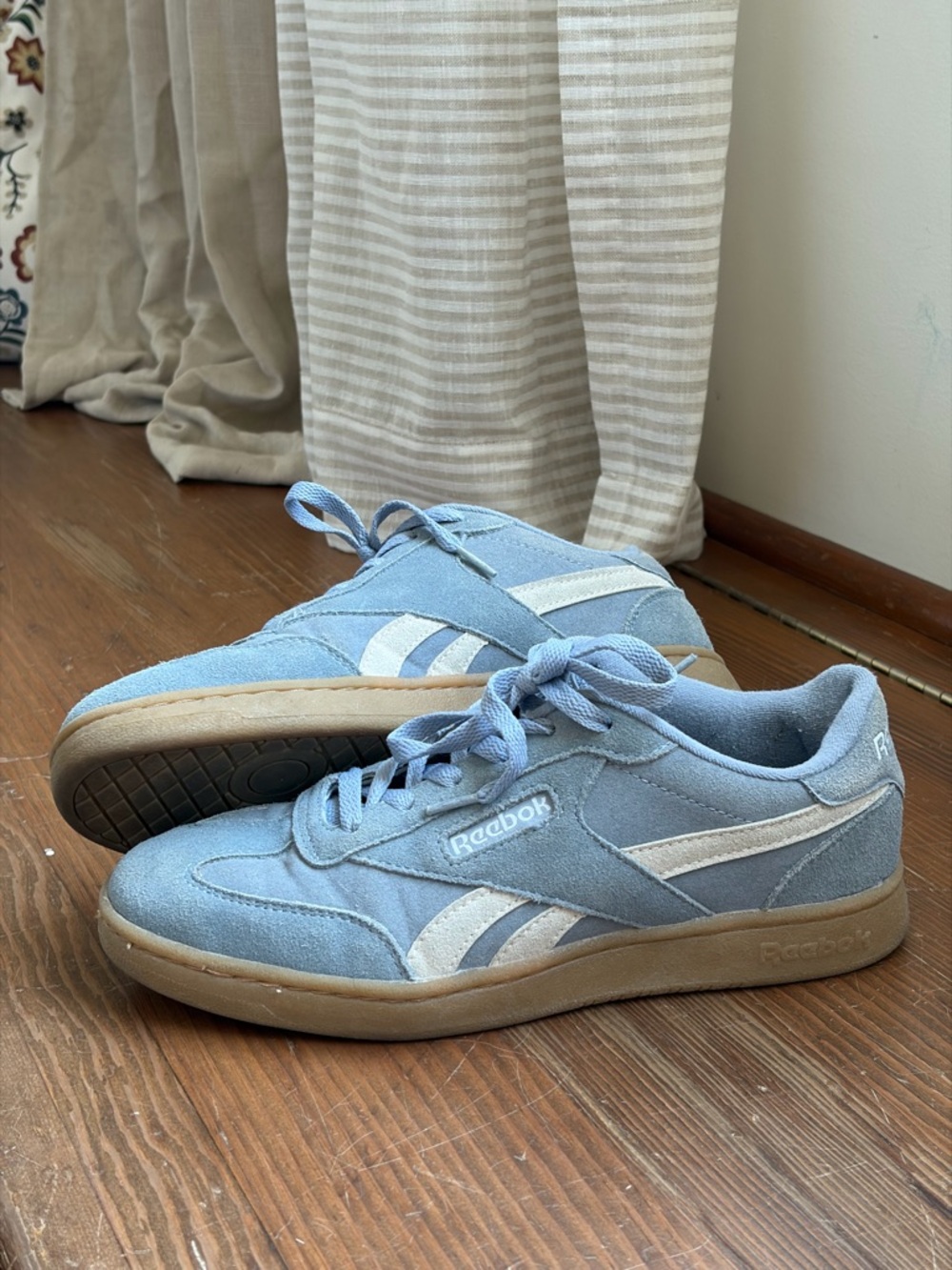 Reebok Light Blue Suede Sneakers with Cream Stripes